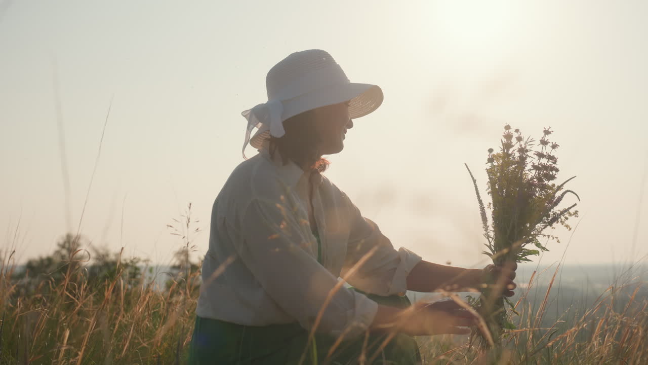 lady squatting on grassy hill holding wildflower bouquet, smiling softly while observing flowers under warm evening light, river and trees blur in background