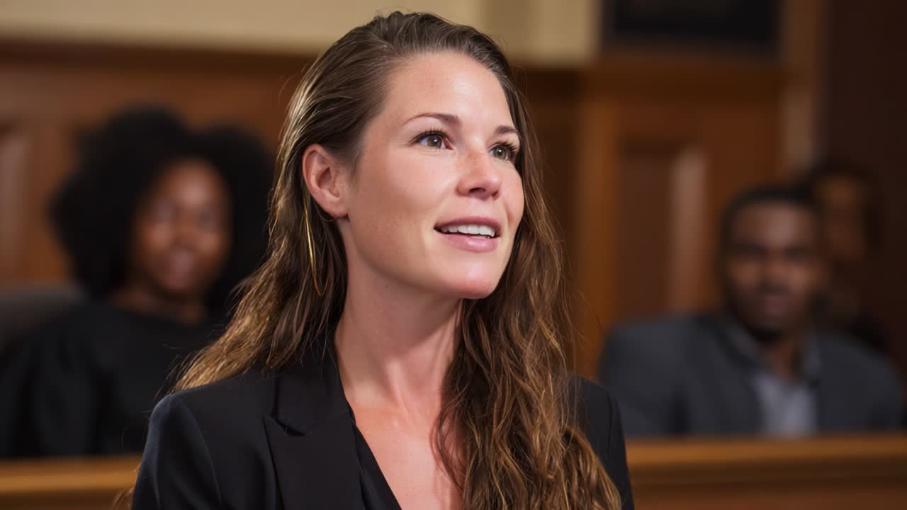 Courtroom Testimony: A Confident Witness Delivers Her Statement in Front of a Jury, Capturing the Intense Atmosphere of Legal Proceedings and the Importance of Justice in the Judicial System