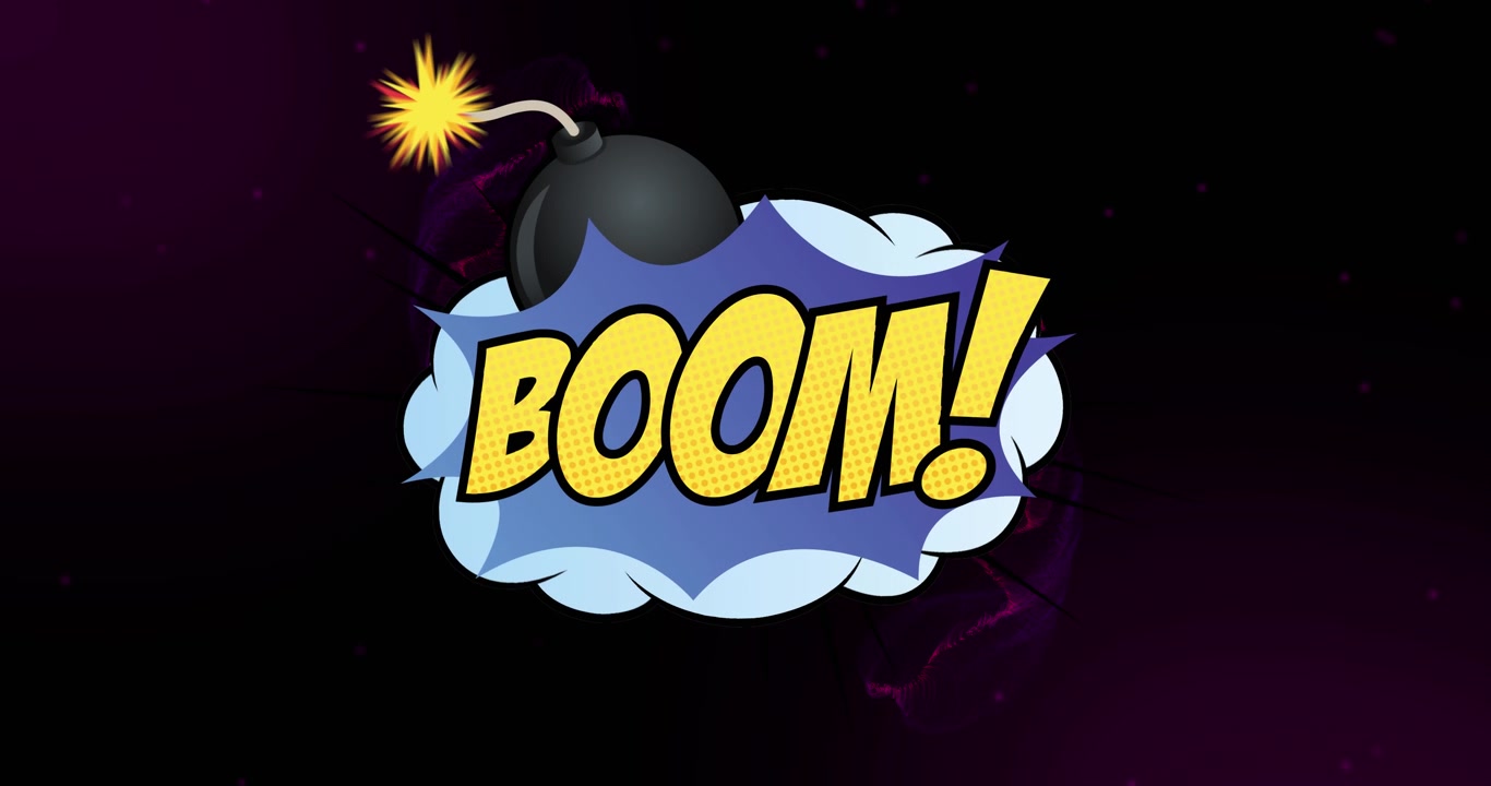 Animazione del testo "boom" su forme al neon su sfondo nero