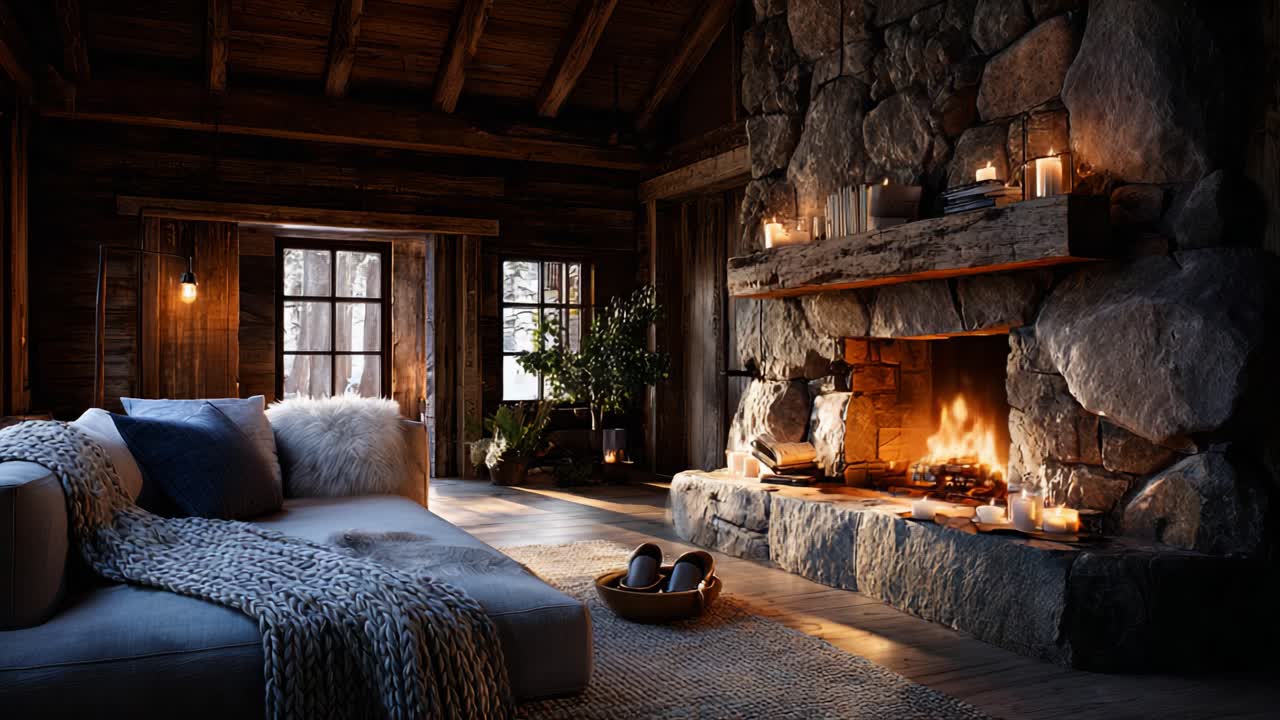 Cozy Rustic Living Room with Stone Fireplace and Warm Ambience, Perfect for Relaxation and Gatherings, Featuring Soft Textiles, Natural Light and Inviting Decor