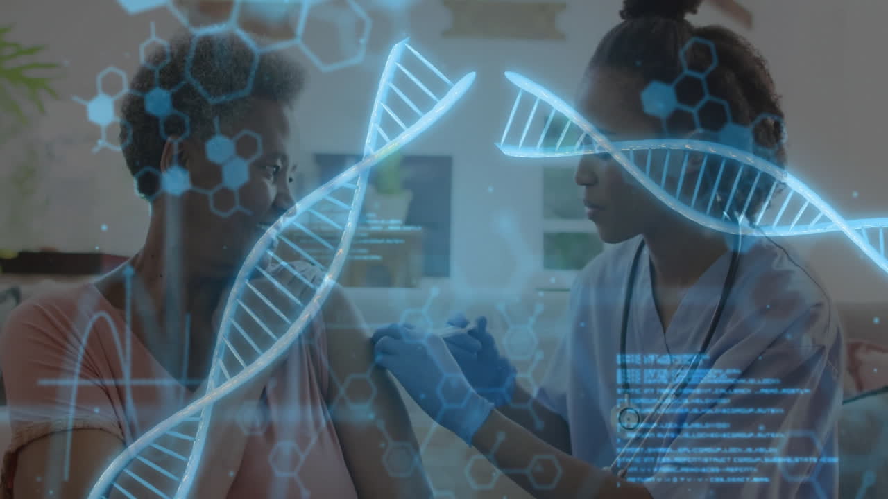 Nurse administering vaccine injection at home displaying holographic DNA helix and molecular data