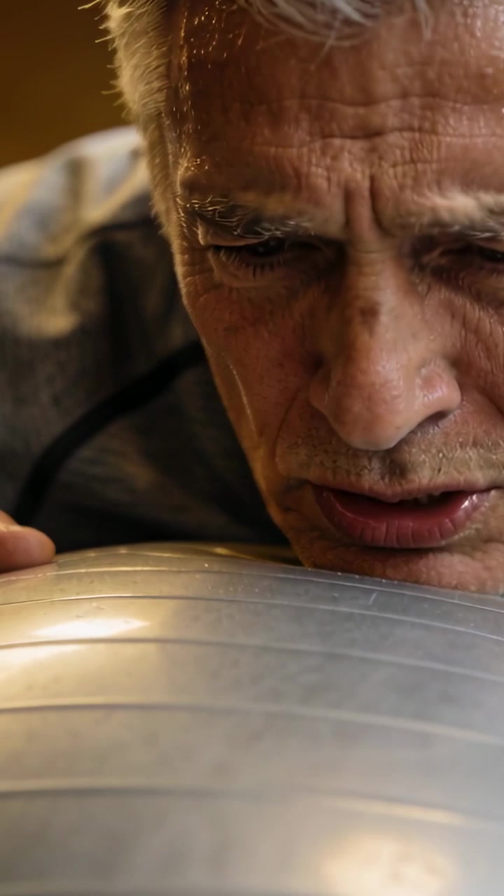 Vertical video: Closing eyes older man leaning on exercise ball at home doing breathwork in zip top