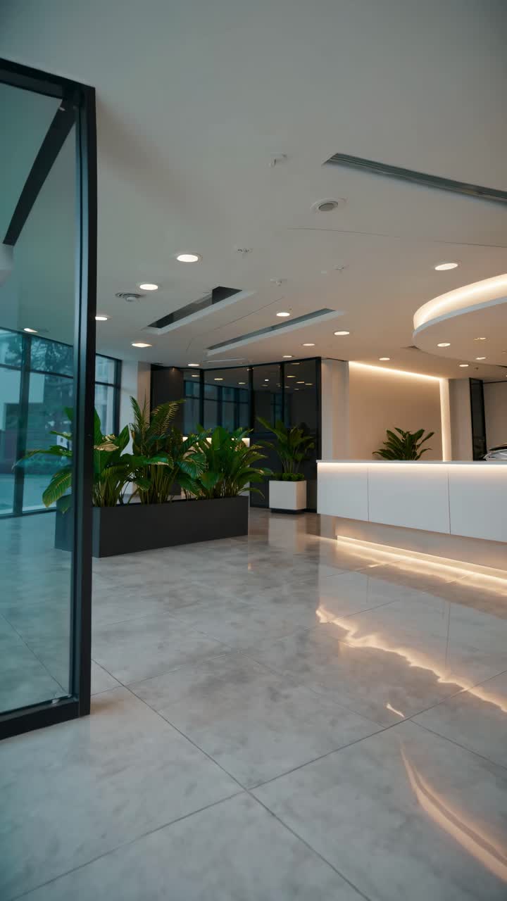 Modern office lobby with sleek design, featuring plants and ambient lighting