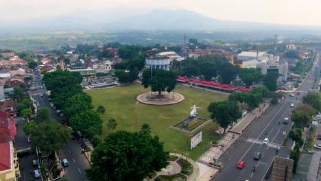 Magelang-town-square-with-morning-haze-in-background,-Central-Java-in-Indonesia