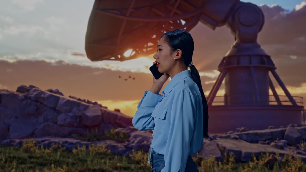 Side View Asian Female Professional Worker Standing With Large Satellite Dish, She Pick The Phone Up And Started To Specking To It With A Slicely Smile