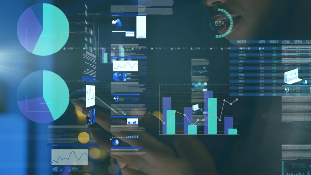 Animation of statistics and data processing over african american woman using smartphone