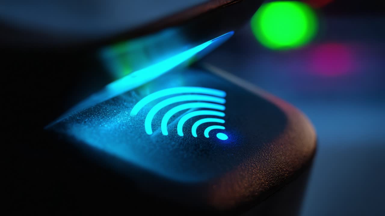 Close-Up of a Modern Device Displaying a Vibrant Wireless Signal Indicator in Vivid Blue and Green Lighting Under High Resolution