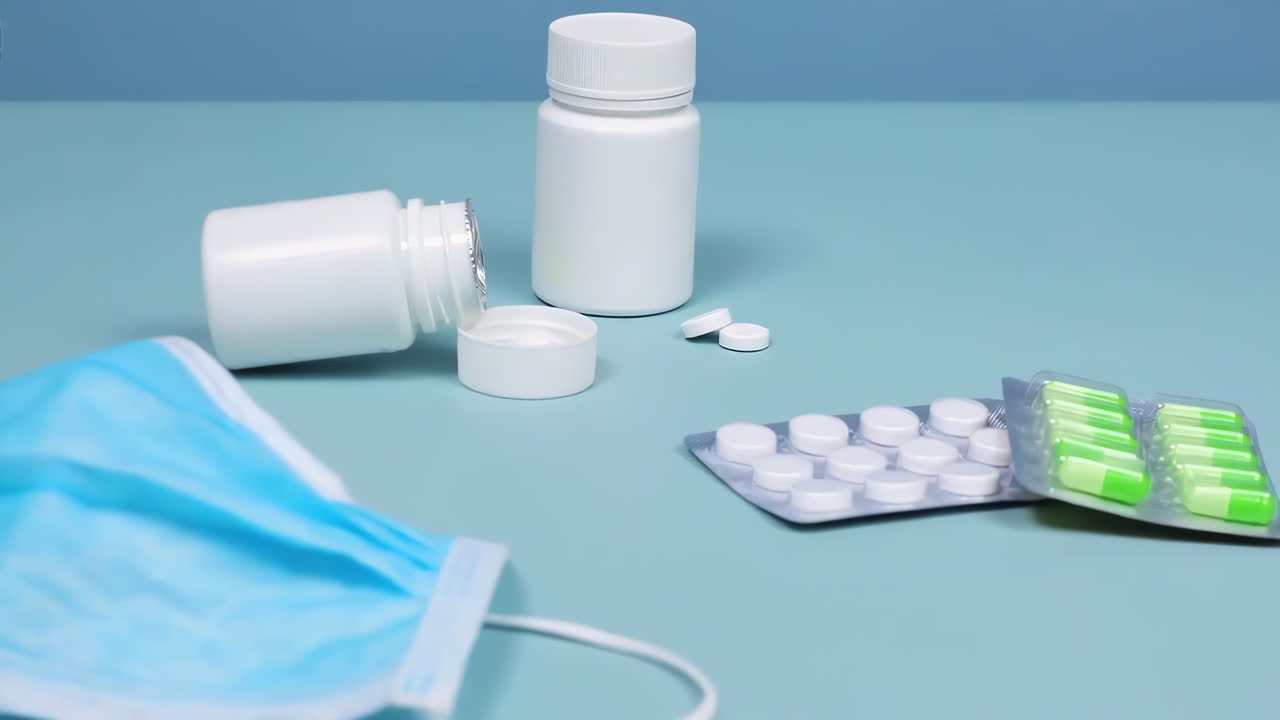 치료 의약품, 새로운 약 약물, 포장 및 디자인의 현실적인 표현을 제공하는 페이스 마스크, 광고 또는 블로그에 대한 템플릿