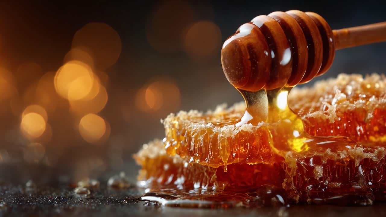 Favo luccicante che gocciola miele dorato: un primo piano della dolcezza e del sorprendente lavoro della natura.