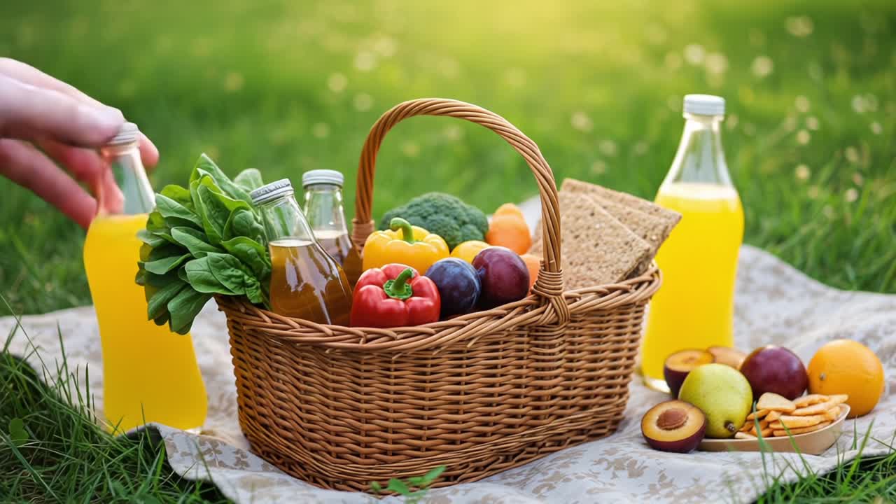 A Vibrant Picnic Basket Filled with Fresh Fruits, Vegetables, and Refreshing Beverages Set Against a Sunlit Grass Background, Perfect for Outdoor Gatherings