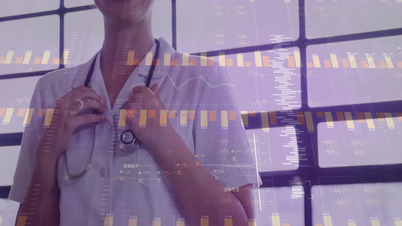 Animation of data processing over caucasian female doctor wearing stethoscope in hospital