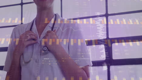 animation of data processing over caucasian female doctor wearing stethoscope in hospital
