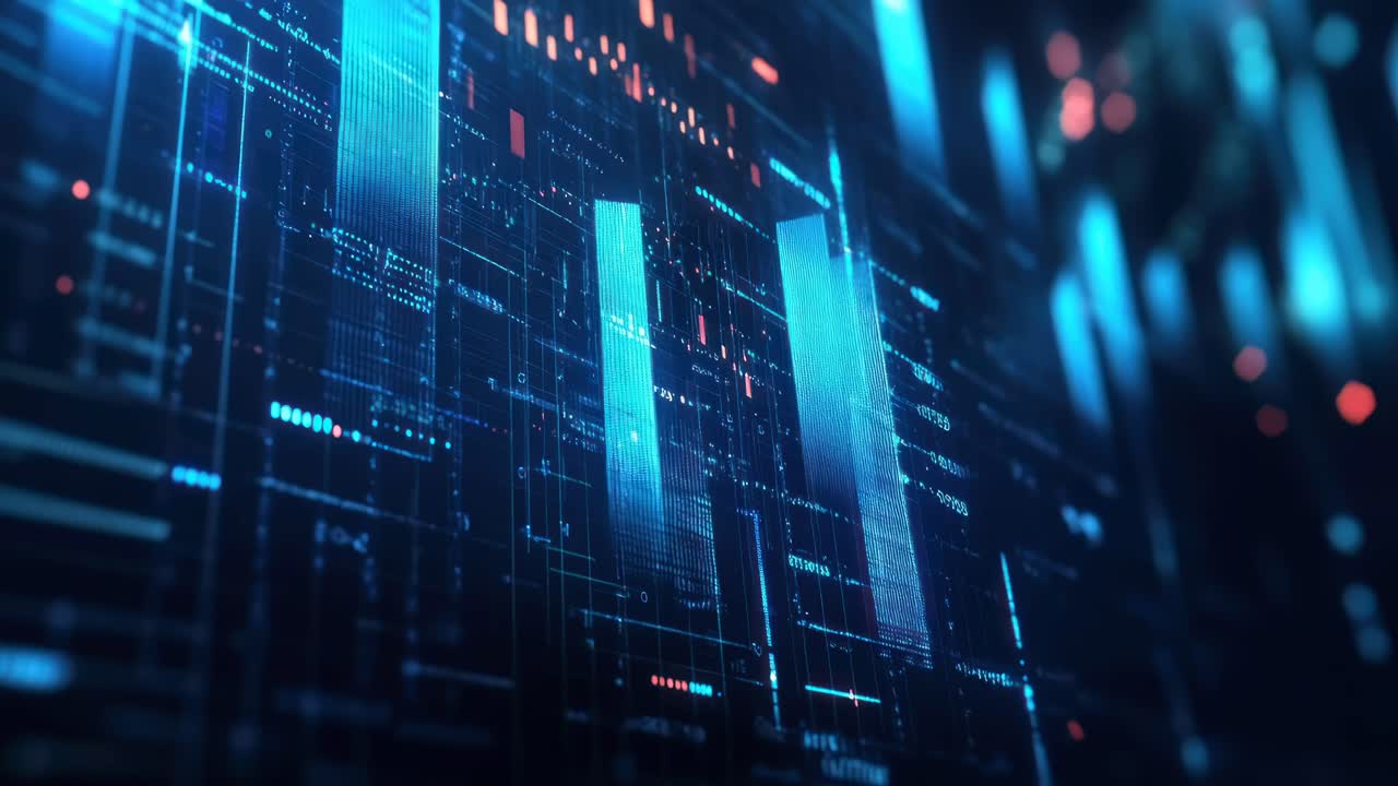 Futuristic digital interface in a video, angled view, with glowing blue data streams