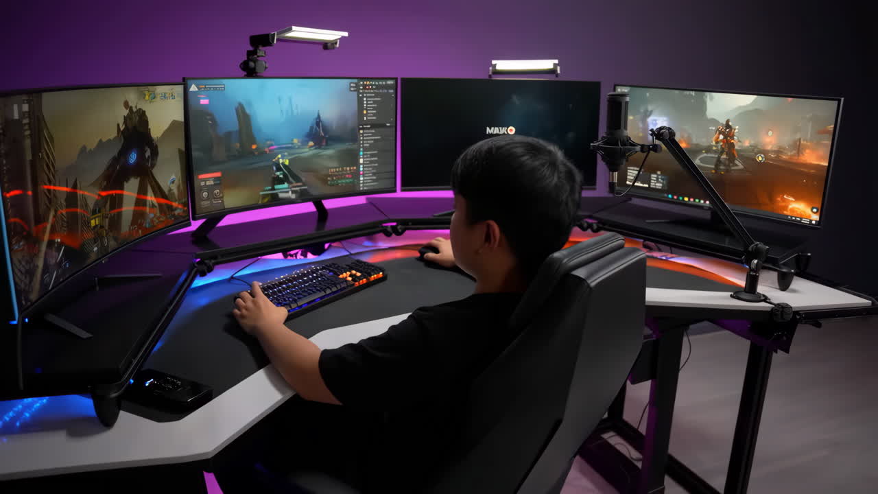 Person playing video games on an elaborate multi-monitor PC gaming setup