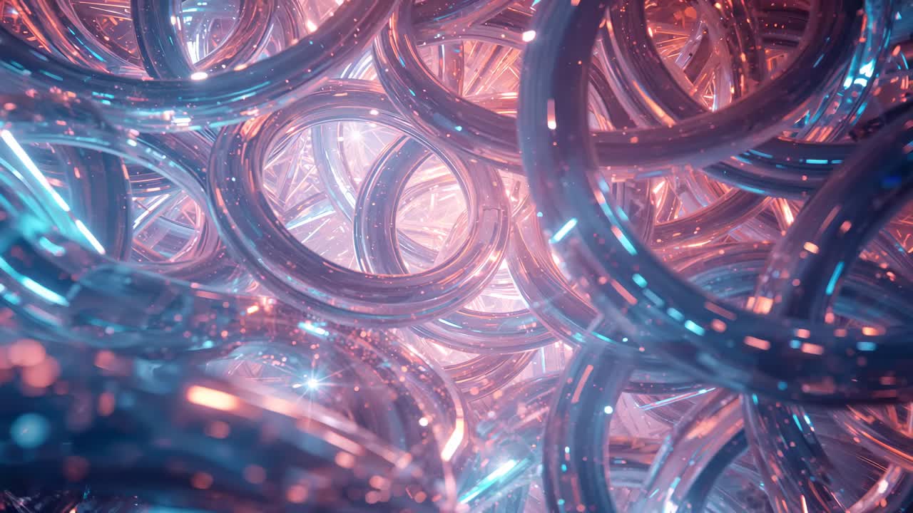 Moving camera forward through ring network, shifting metallic rings and revealing crystalline core