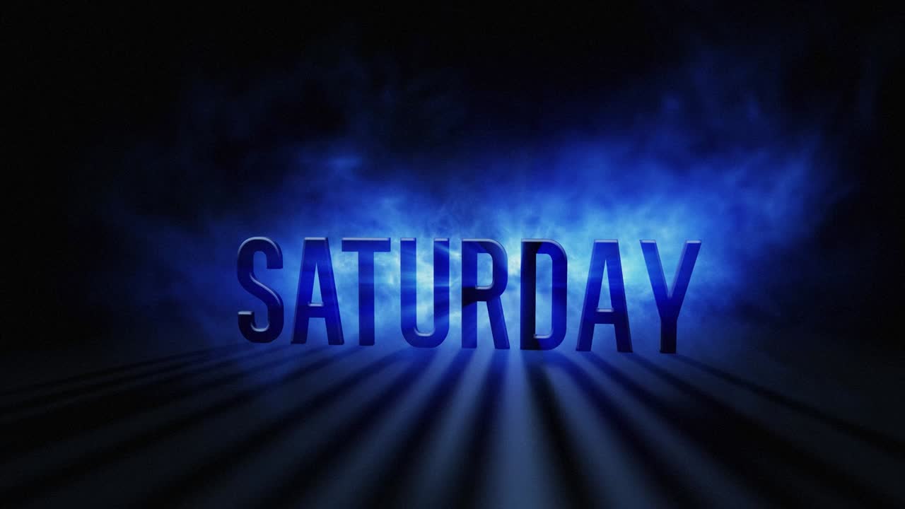 Saturday day of the week, 3d text with a flash of light in the background reflecting a shadow effect.Rest,weekend , event,special day or calendar concept. Blue and white smoke or fog and glow in 4k.
