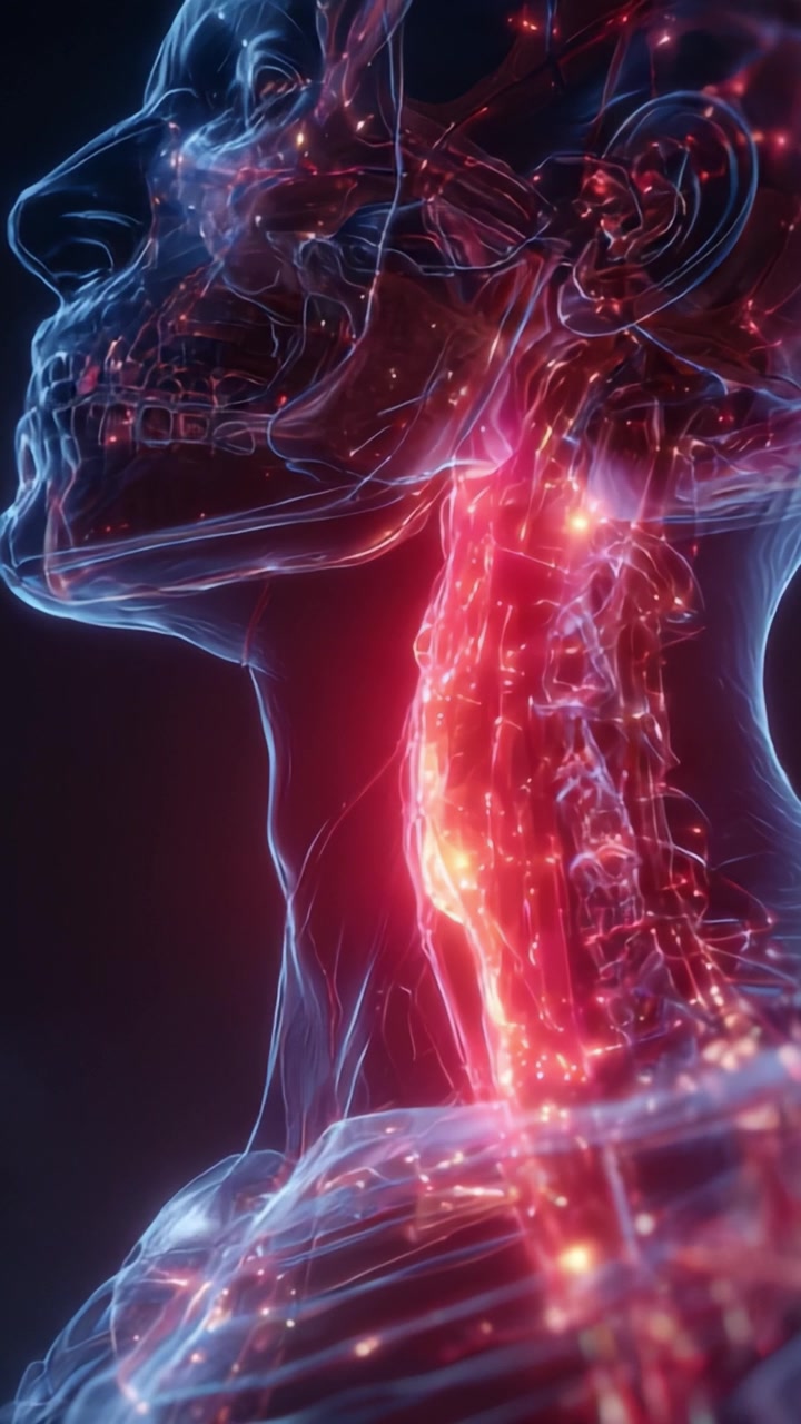 Una Rappresentazione Artistica dell'Anatomia Umana che Evidenzia il Sistema Nervoso e la Rete Vascolare, Enfatizzando Dettagli Luminescenti in una Luce Surreale