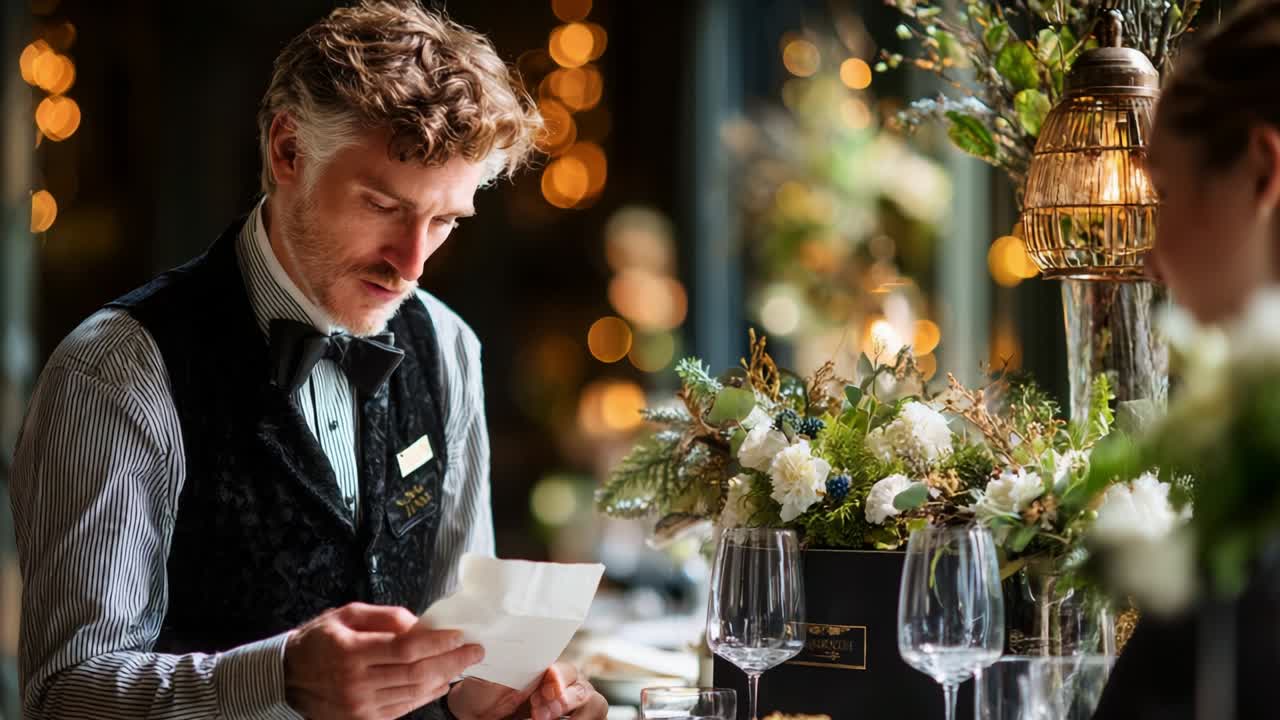 An attentive waiter reviewing an important document while standing at a beautifully arranged table adorned with elegant floral decorations and sparkling glassware, set in a warm, inviting dining atmosphere