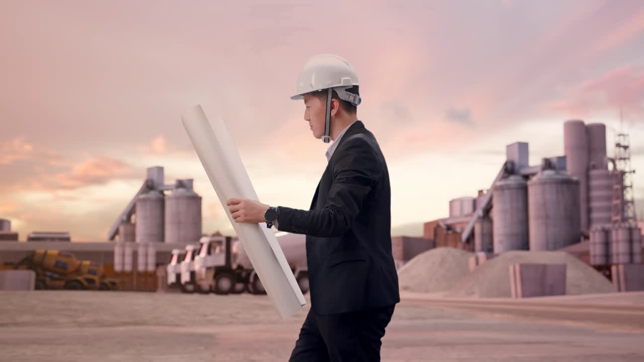 Vista lateral de un empresario asiático mirando un plano en sus manos mientras camina por una planta de cemento industrial al atardecer