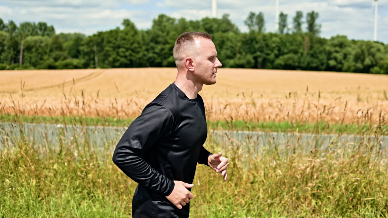 Atleta uomo che fa jogging mattutino in campagna, da qualche parte in Europa. L'uomo, in pantaloncini e maglietta, corre e conduce uno stile di vita sano. Allenamento cardio all'aria aperta.