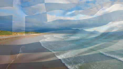digital composition of waving greece flag against aerial view of beach and sea waves
