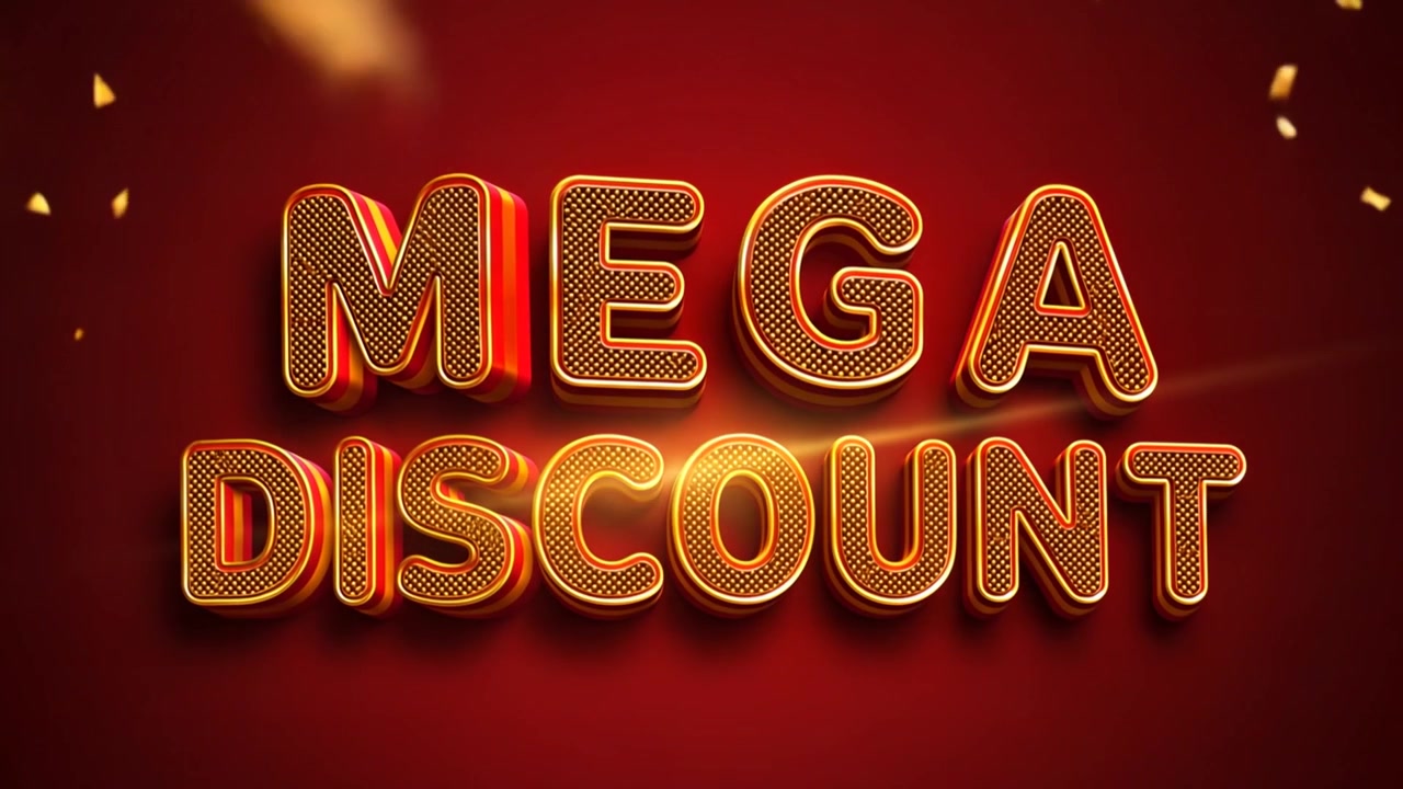 Animazione banner promozionale Mega Sconto con tipografia oro neon su sfondo rosso