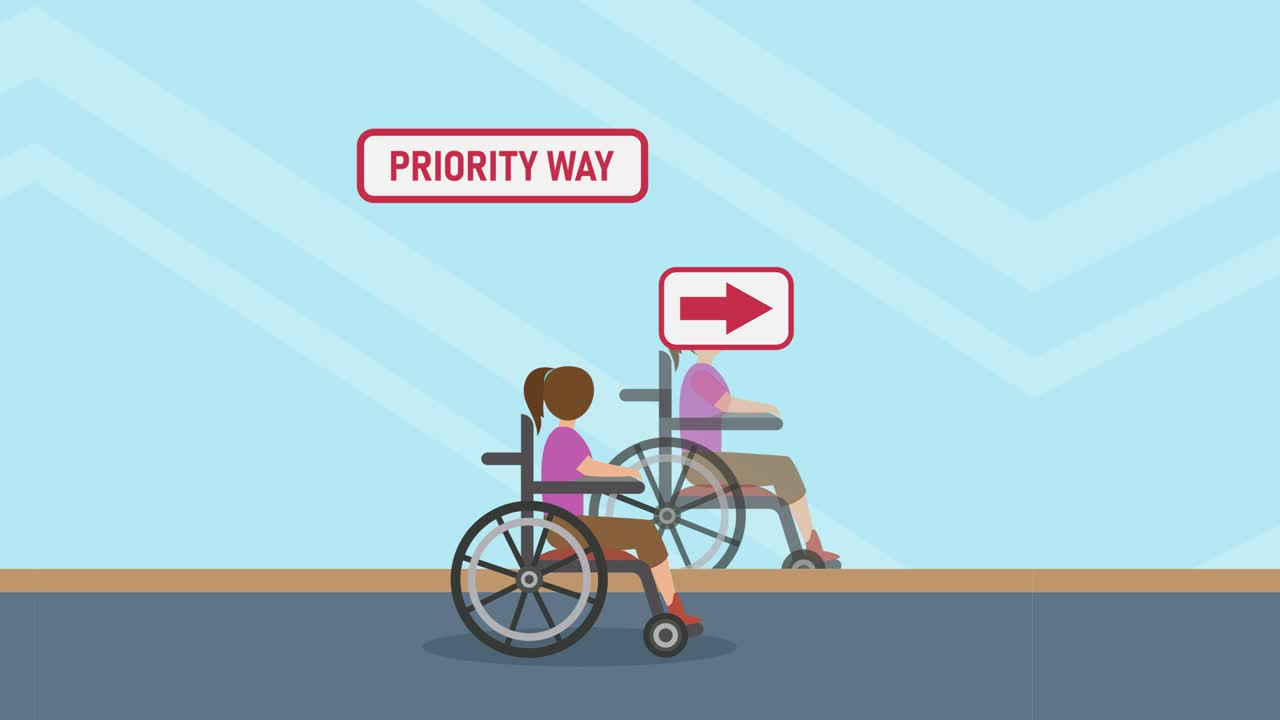 Disabled woman looking at priority way text