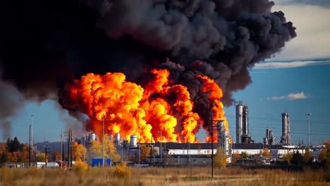 a large plume of black smoke billows out from an oil refinery