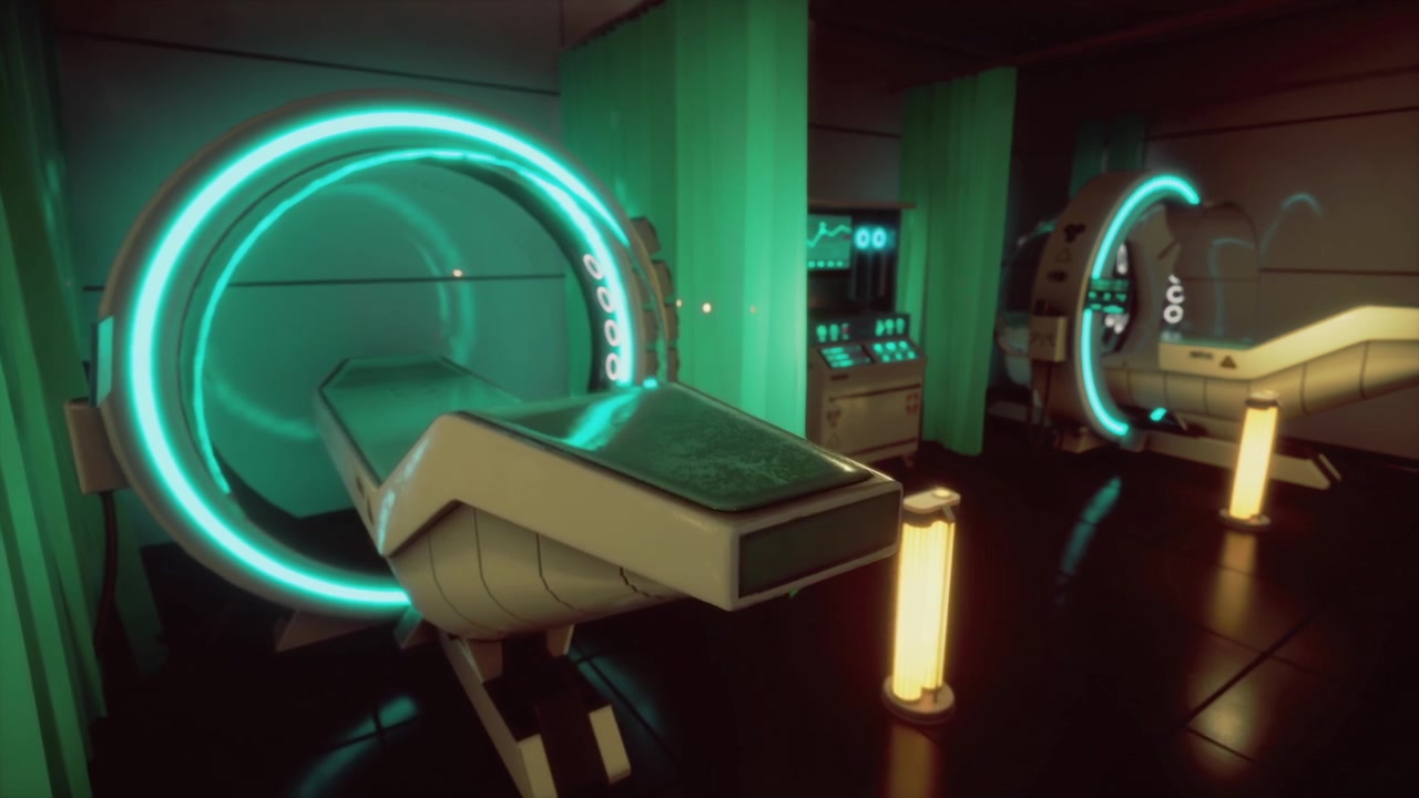 Camera di relax di nuova generazione evidenziata da neon vivaci e illuminazione soffusa.