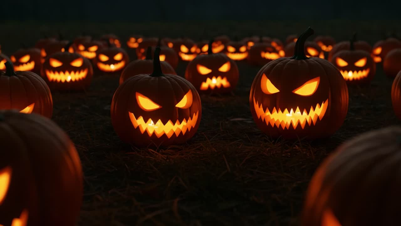 A Spooky Collection of Glowing Jack-o'-Lanterns Illuminating the Night in a Haunted Pumpkin Patch, Setting the Perfect Atmosphere for Halloween Festivities