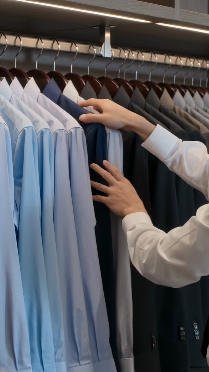 Video vertikal: Seorang pria berbaju putih meraih, memeriksa label, memilih, dan merapikan jas di toko.