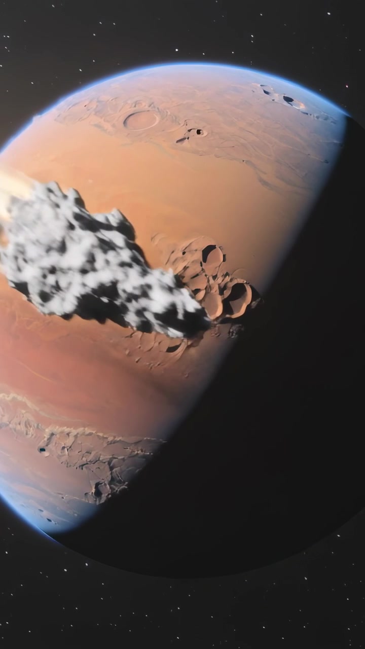 Video verticale: Mostrando un pianeta rosso con crateri, una cometa scura che proietta un'ombra e una coda che si illumina.
