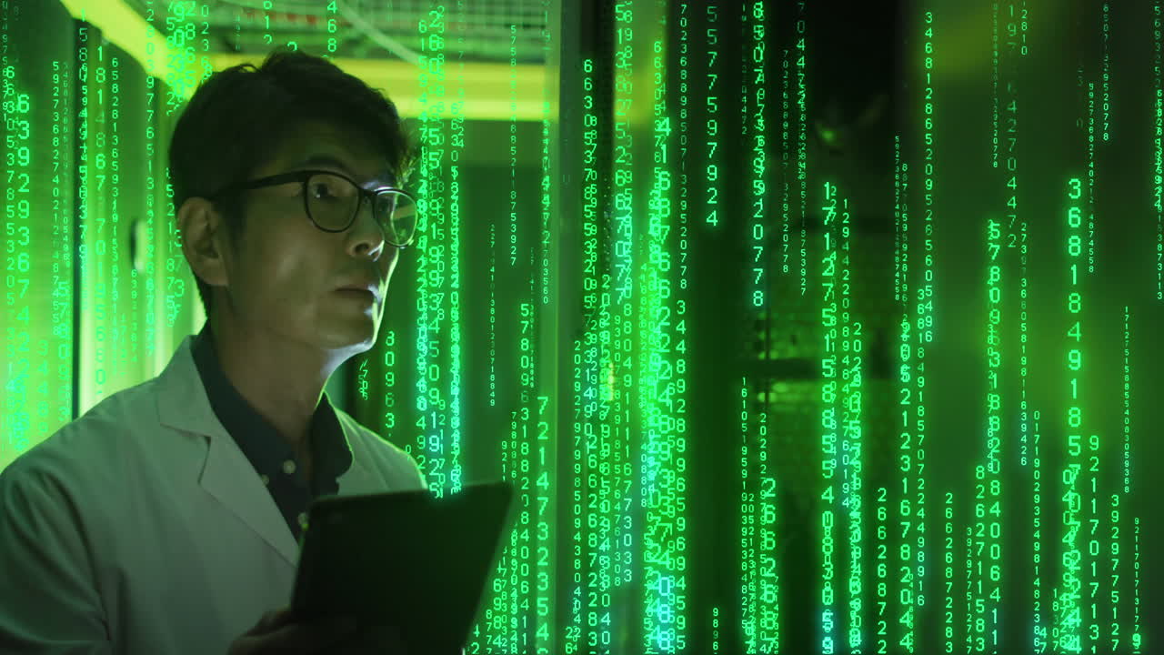 Animation of binary coding over asian male worker in server room