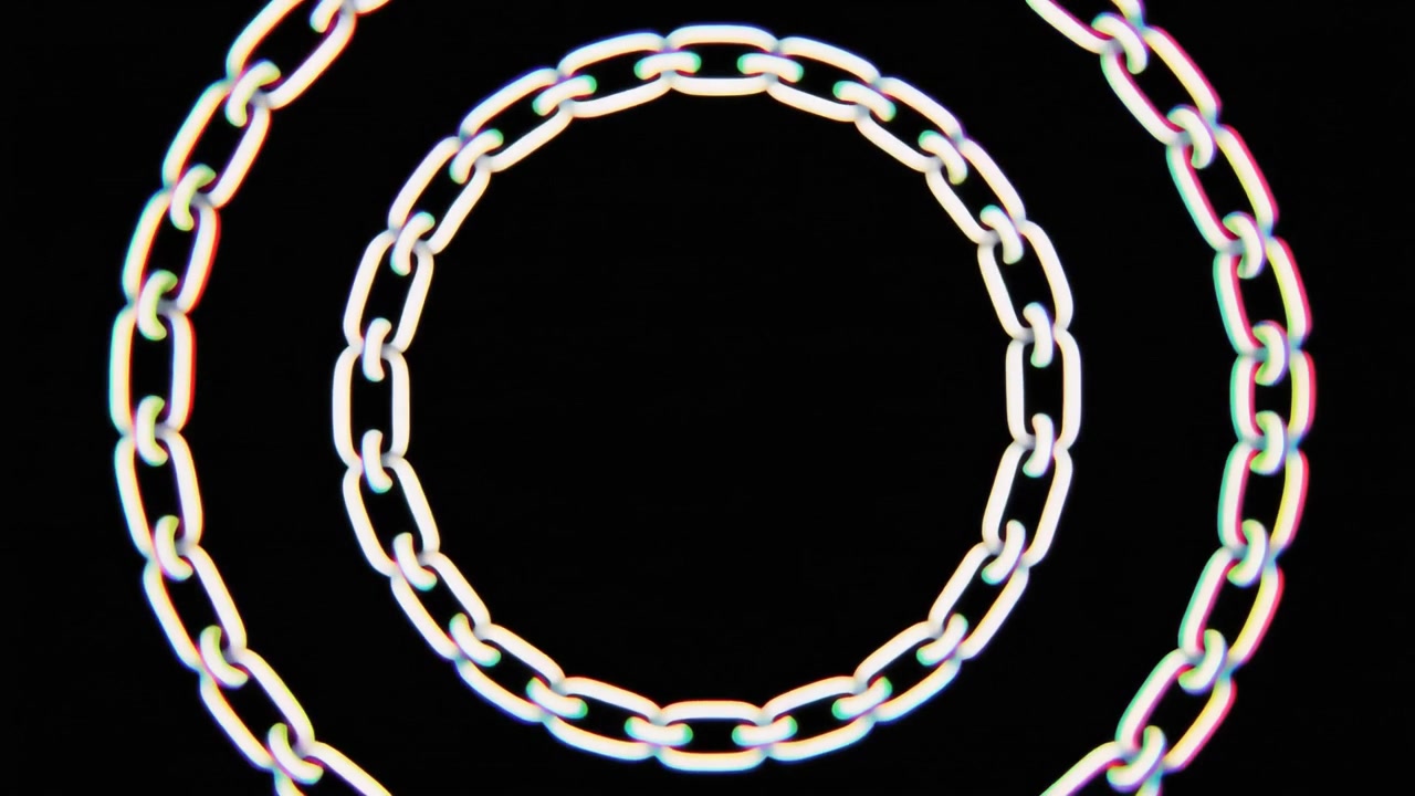 Animação Abstrata de Correntes de Metal Rotativas Concêntricas com Efeito Glitch