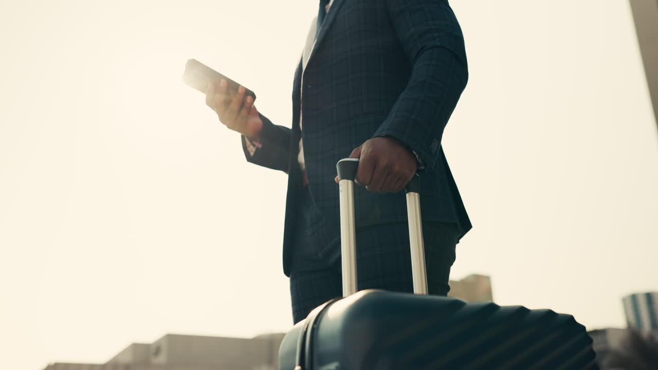 Business man, suitcase and phone in street