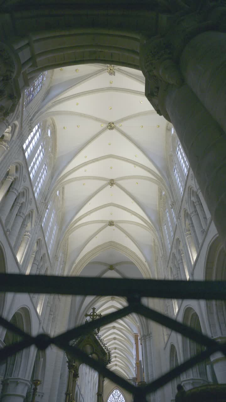 Low-angle view looking up at the majestic vaulted ceiling of a Gothic cathedral, tilting down along the nave to reveal the intricate architecture