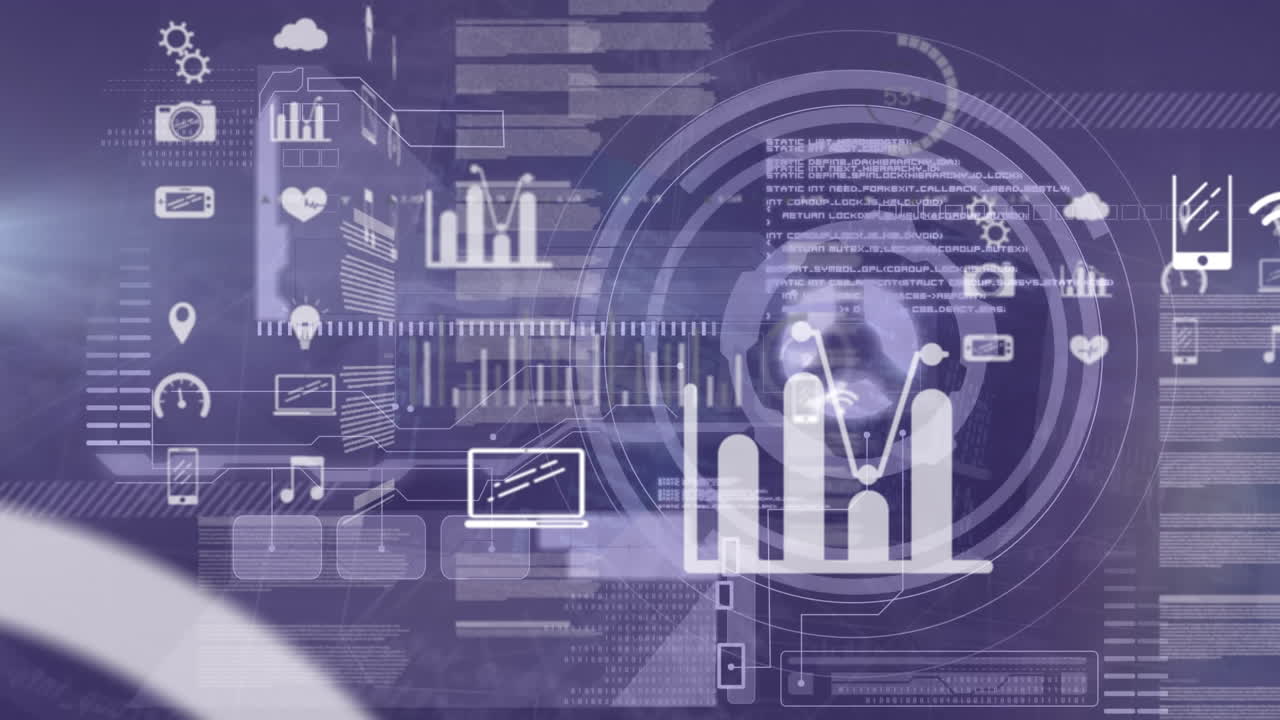 Animation of round scanner and data processing against light spot on purple background