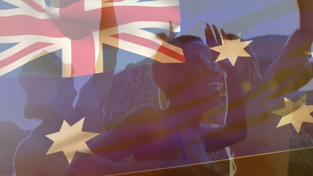Celebrating outdoors with Australian flag and animation, people enjoying sunny day