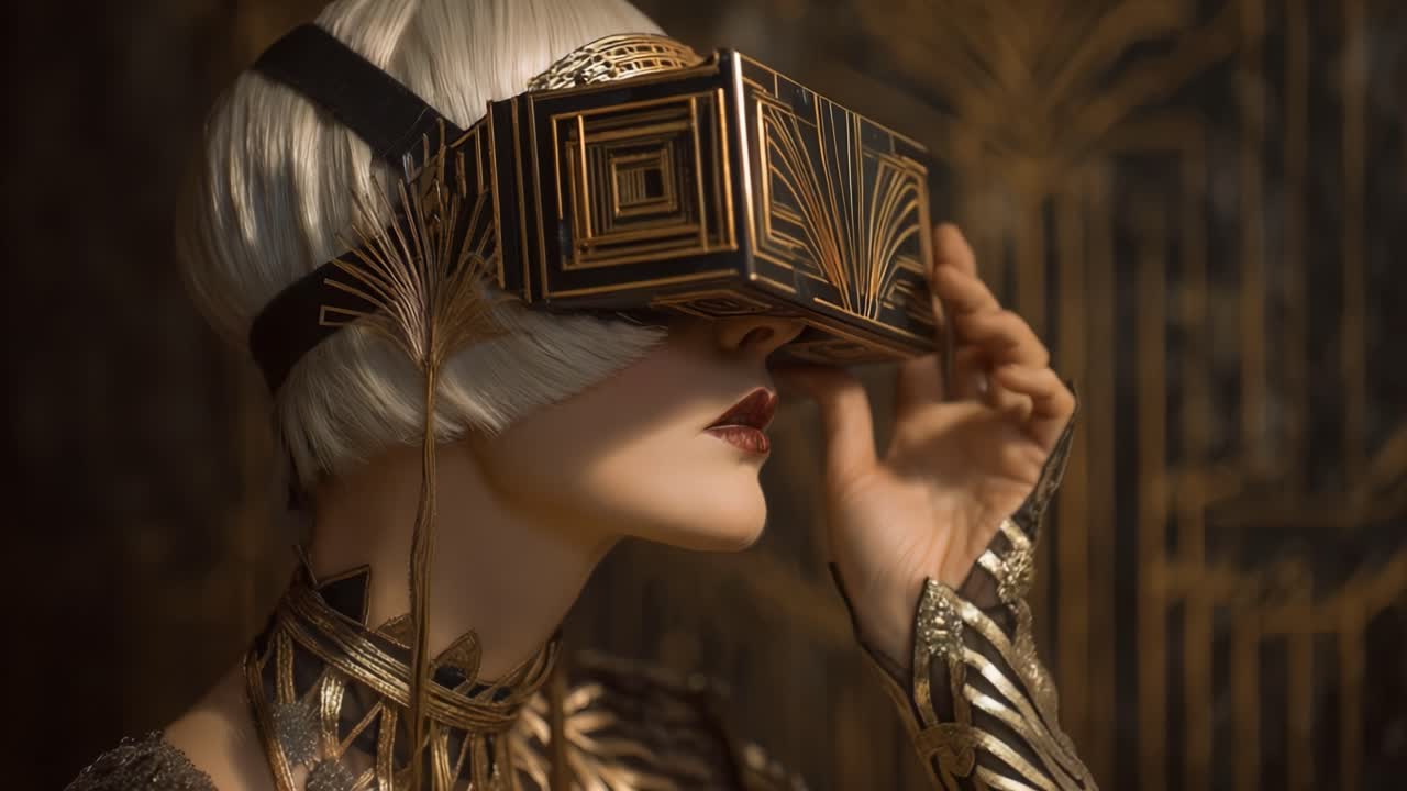 A mysterious figure in a glamorous 1920s-inspired outfit dons elaborate golden virtual reality goggles, surrounded by an intricate geometric background that evokes a blend of vintage elegance and futuristic technology