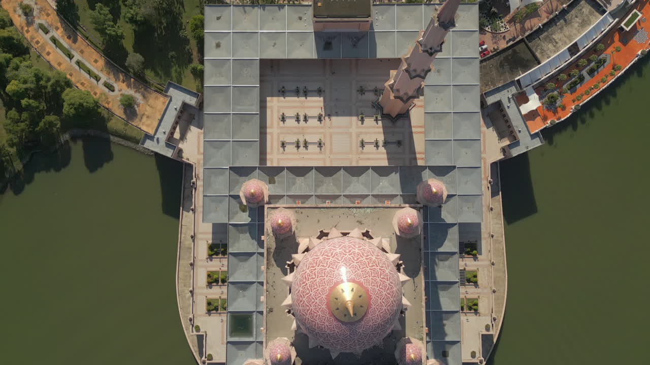 Putrajaya Mosque From Above Birdseye Drone Shot Track Forward Kuala Lumpur Malaysia Morning 4K 60FPS