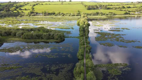 an aerial footage with landing above the footpath on water with cloud reflections on a sunny day