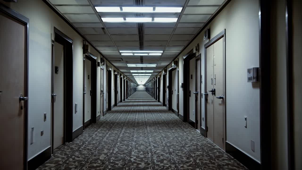 A symmetrical, low-angle shot of a long, dimly lit hotel corridor, evoking a mysterious, cinematic