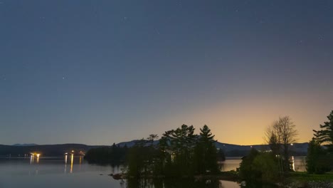 night time lapse of new england lake with planes and jets flying over 4k 30p