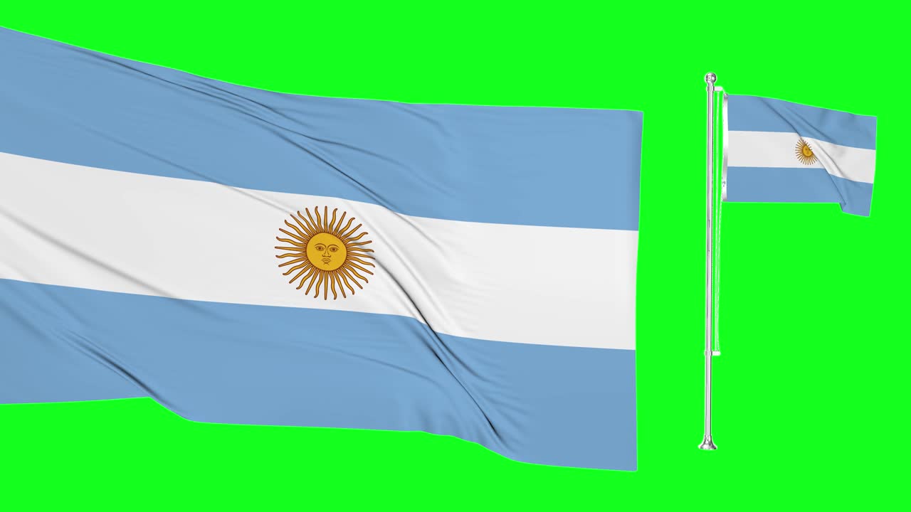 pantalla verde hiper realista bucle de argentina dos banderas ondeando en el viento asta de la bandera argentina revoloteando con animación de textura de tela muy detallada clave de croma 3d