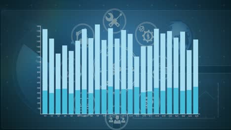 Animación-De-Datos-De-Procesamiento-De-Gráficos-Azules-Sobre-Iconos-De-Negocios-Y-Globo-Terráqueo-Sobre-Fondo-Azul