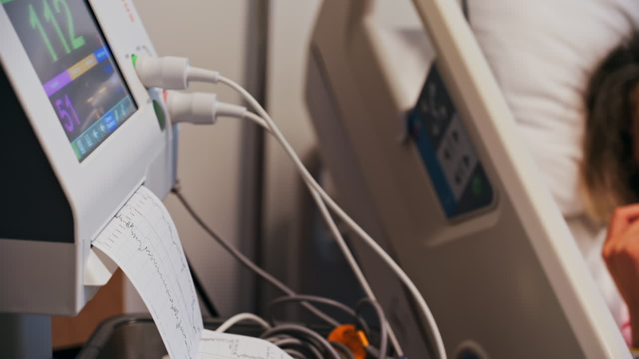 Close-up of a fetal monitor in a doctor's office, displaying fetal heart rate and uterine contraction data during a prenatal check-up