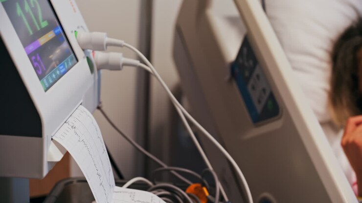 Close-up of a fetal monitor in a doctor's office, displaying fetal heart rate and uterine contraction data during a prenatal check-up