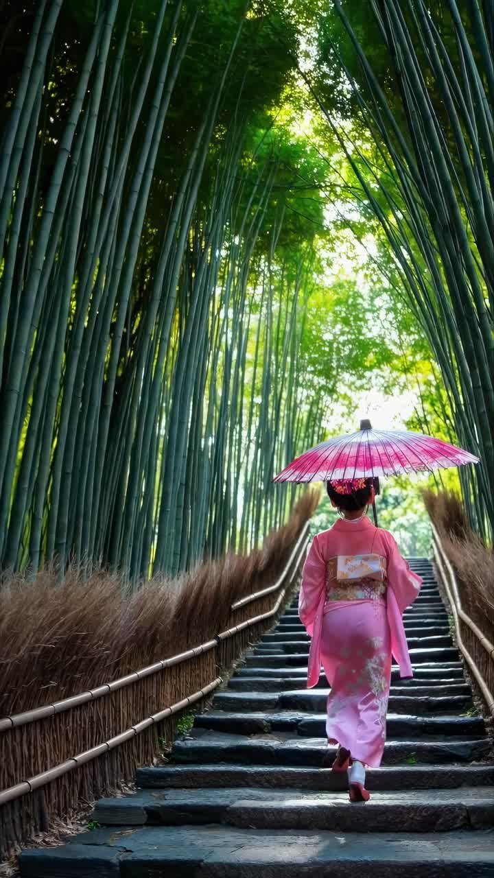 Una donna in kimono rosa sale gradini di pietra in una foresta di bambù, tenendo un ombrello rosso