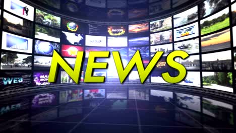 animación de texto de noticias en la sala de monitores, renderización, fondo, tecnología, bucle