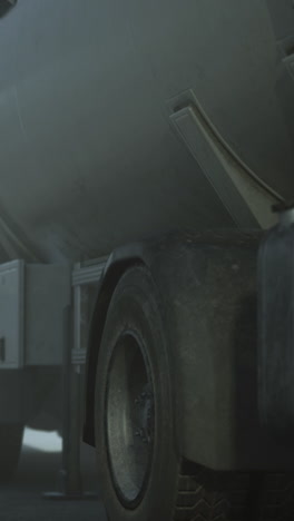 close-up of a dirty tanker truck's wheel and fuel tank